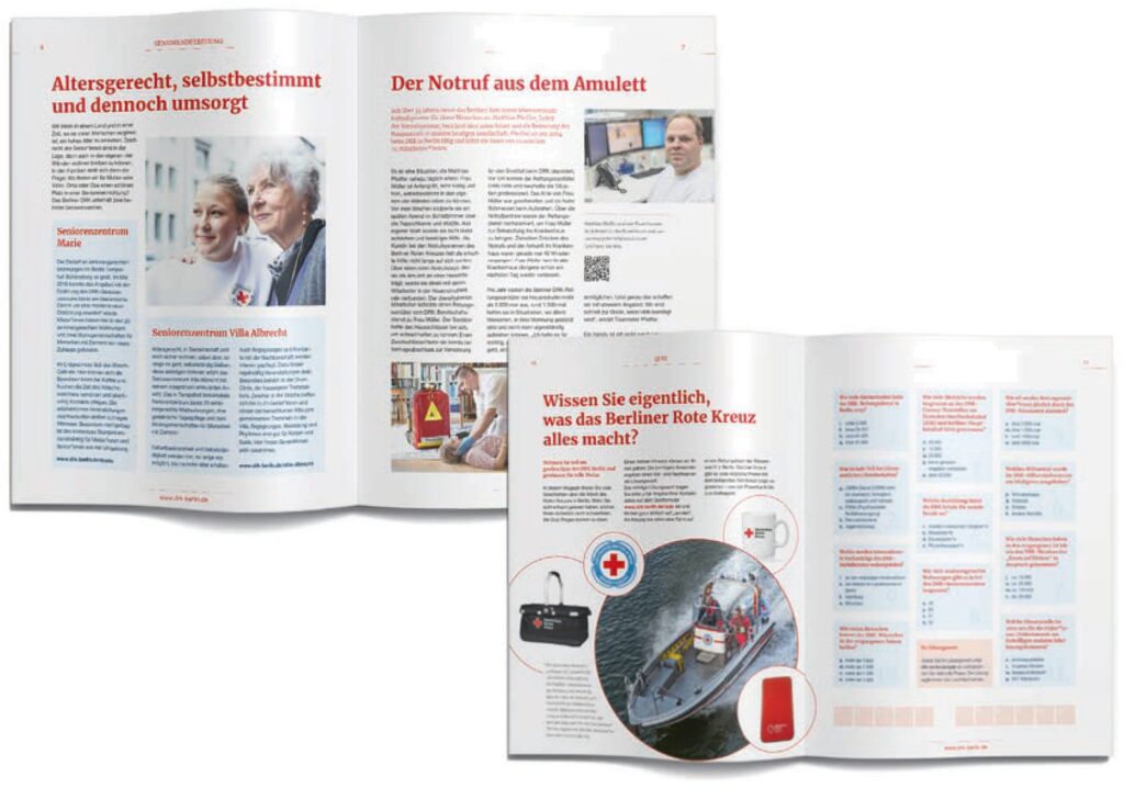 Zwei Doppelseiten aus dem DRK-Magazin mit Artikeln zum Hausnotruf und zu den Aufgaben des Berliner Roten Kreuzes
