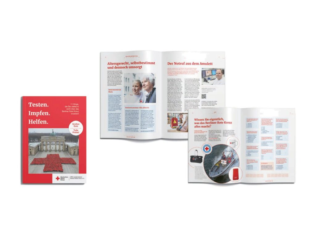 Magazin Testen. Impfen. Helfen. für das DRK Sozialwerk Berlin, Titelseite und zwei Doppelseiten mit roten Überschriften