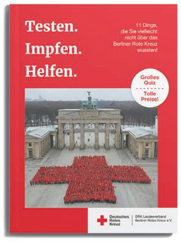 Titelseite des Magazins Testen. Impfen. Helfen. mit dem Brandenburger Tor und einem Roten Kreuz aus Menschen