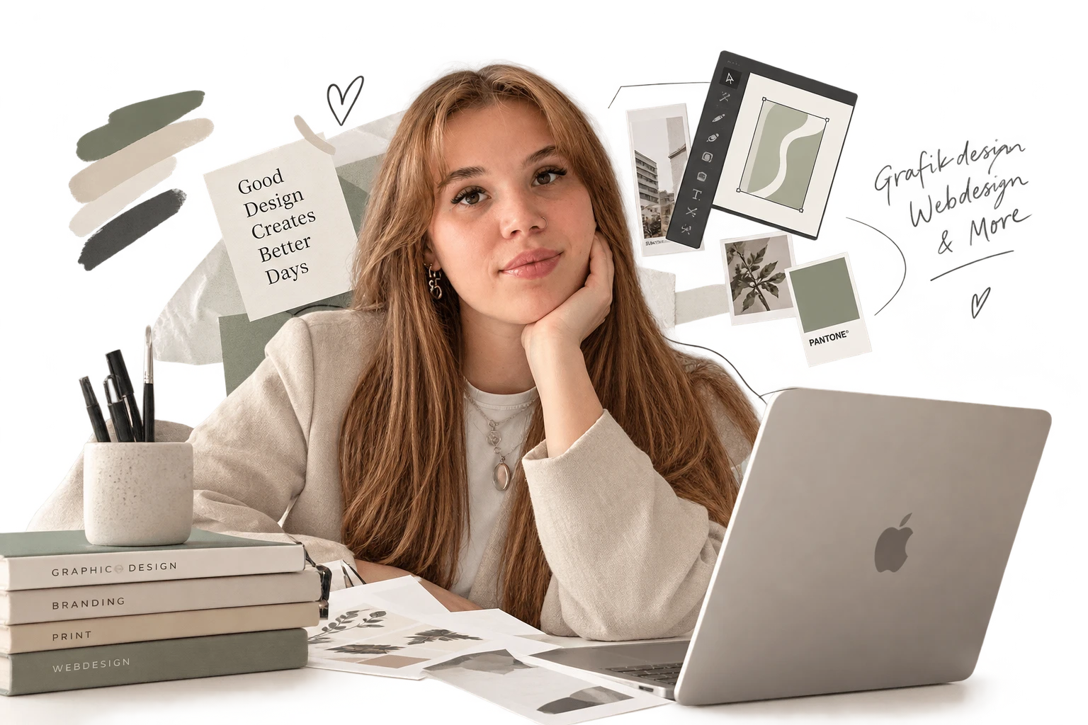 Katharina Zindler am Schreibtisch mit Laptop, Büchern und Entwürfen