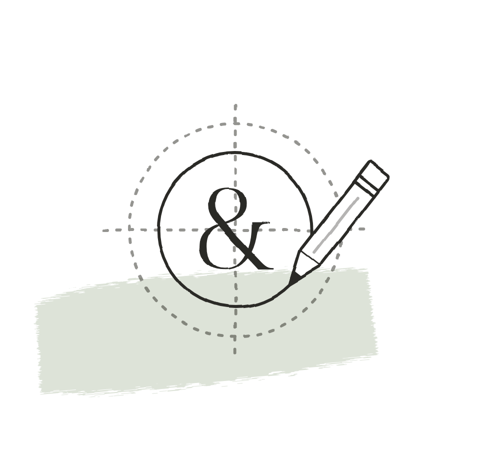 Zeichnung: Kreis mit Hilfslinien, Ampersand und Bleistift