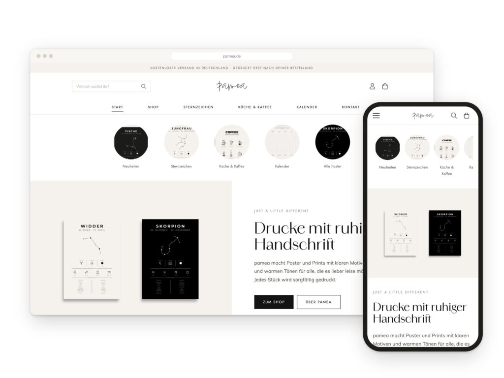 Onlineshop pamea.de am Rechner und am Handy