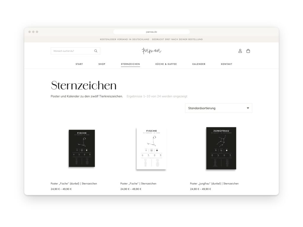 Kategorieseite Sternzeichen auf pamea.de mit Postern in Hell und Dunkel