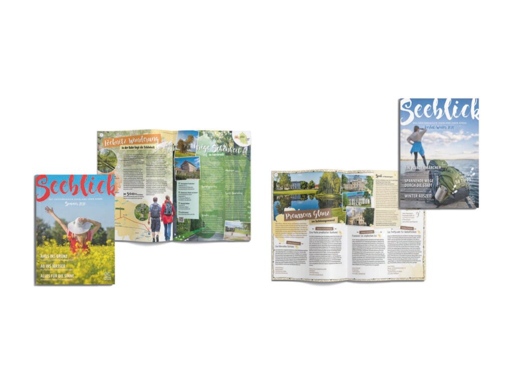Zwei Ausgaben des Gästemagazins Seeblick, Sommer und Herbst/Winter 2020, jeweils mit Titel und Doppelseite