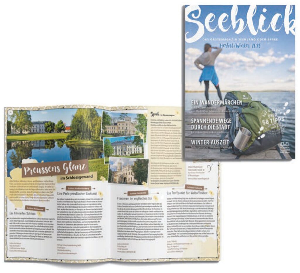 Seeblick Herbst/Winter 2020: Titel mit Wanderin am See und Doppelseite über Schlösser der Region