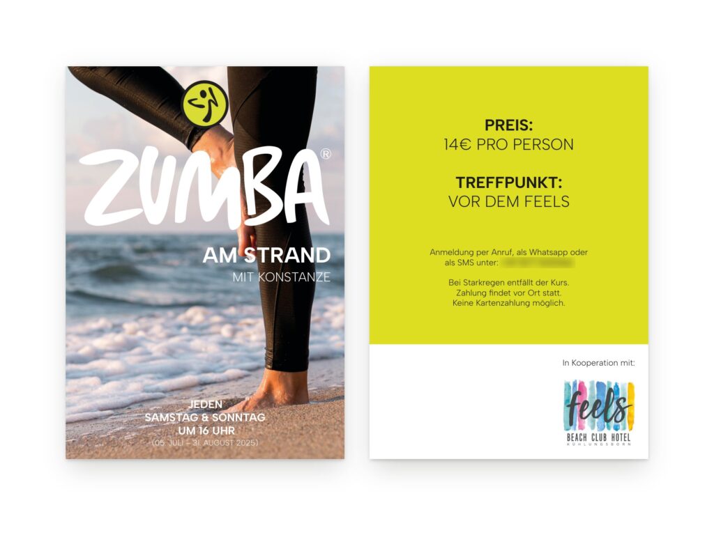 Flyer Zumba am Strand, Vorder- und Rückseite auf Weiß